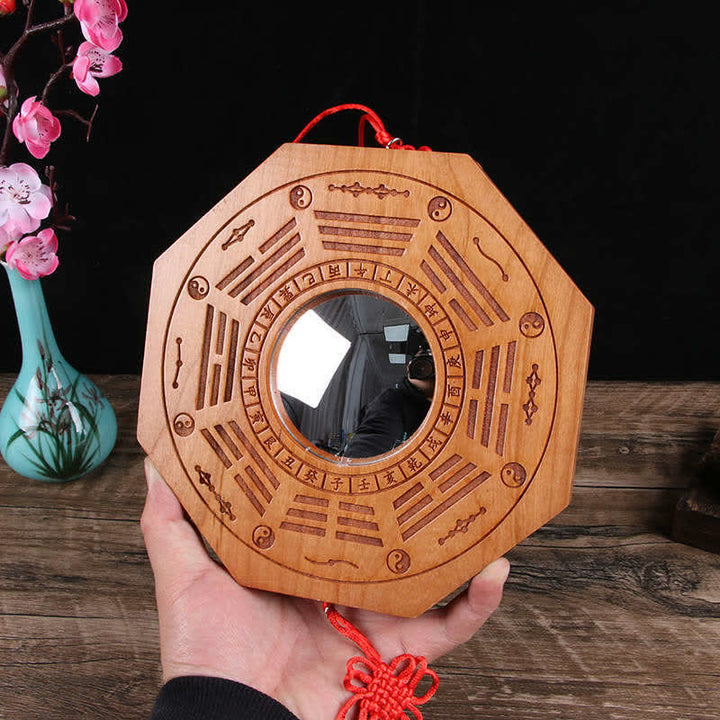 Carte Feng Shui Bagua Pièces de monnaie des cinq empereurs en bois de pêche Nœud chinois Carte énergétique d'équilibre Miroir