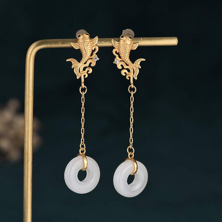 Boucles d'oreilles porte-bonheur en jade blanc Koi FengShui Buddha Stones