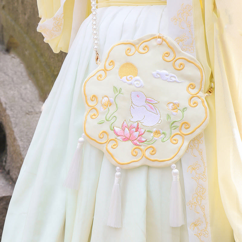 Sac à bandoulière avec broderie de Buddha Stones et de Lotus, poisson Koi, lapin, fleur, Hanfu - Lapin à fleurs jaunes - image 21