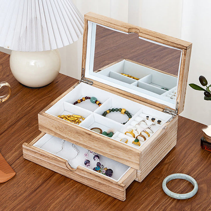 Coffret à bijoux rétro en bois beige Buddha Stones Coffret de rangement à bijoux à deux niveaux avec miroir - image 3