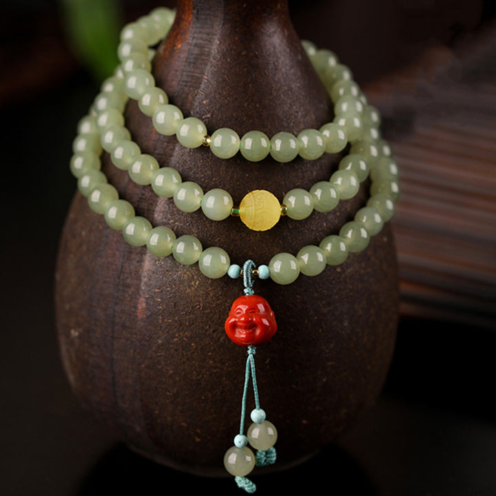 Bracelet de prospérité Bouddha rieur en jade agate rouge et ambre