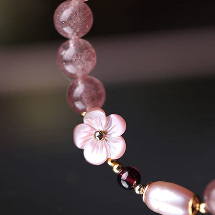 Bracelet d'amour en quartz fraise et fleur de pêcher Buddha Stones