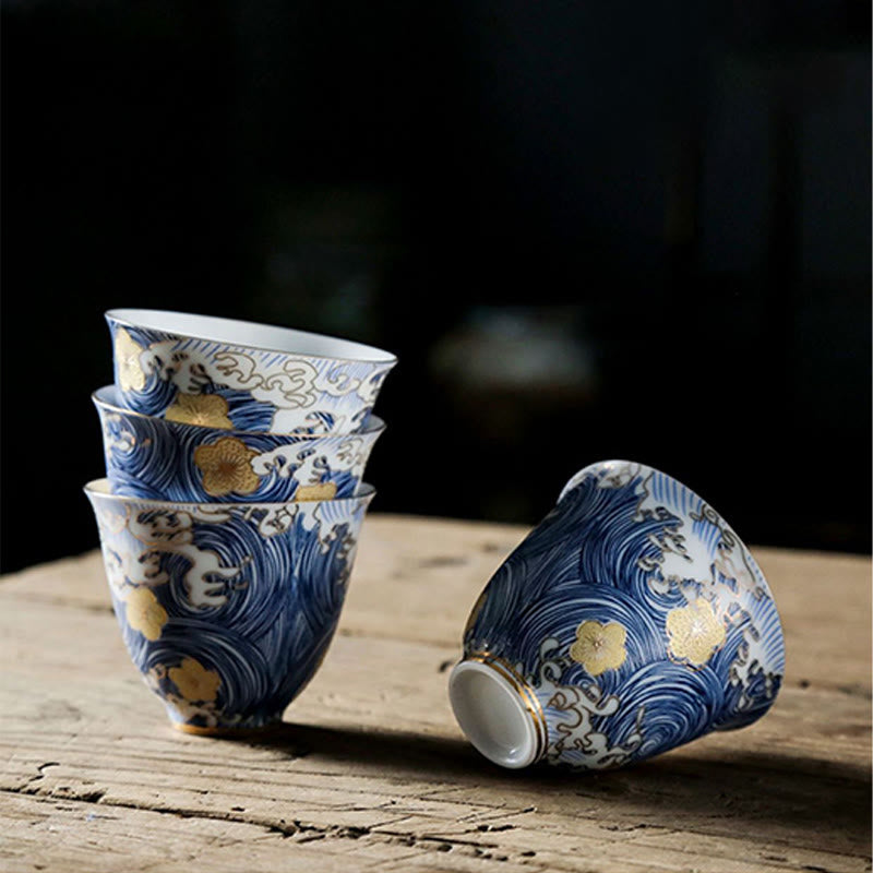 Tasse à thé en céramique avec Buddha Stones et vagues de l'océan vintage