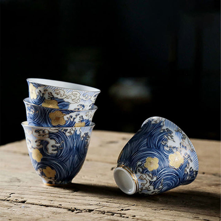 Tasse à thé en céramique avec Buddha Stones et vagues de l'océan vintage