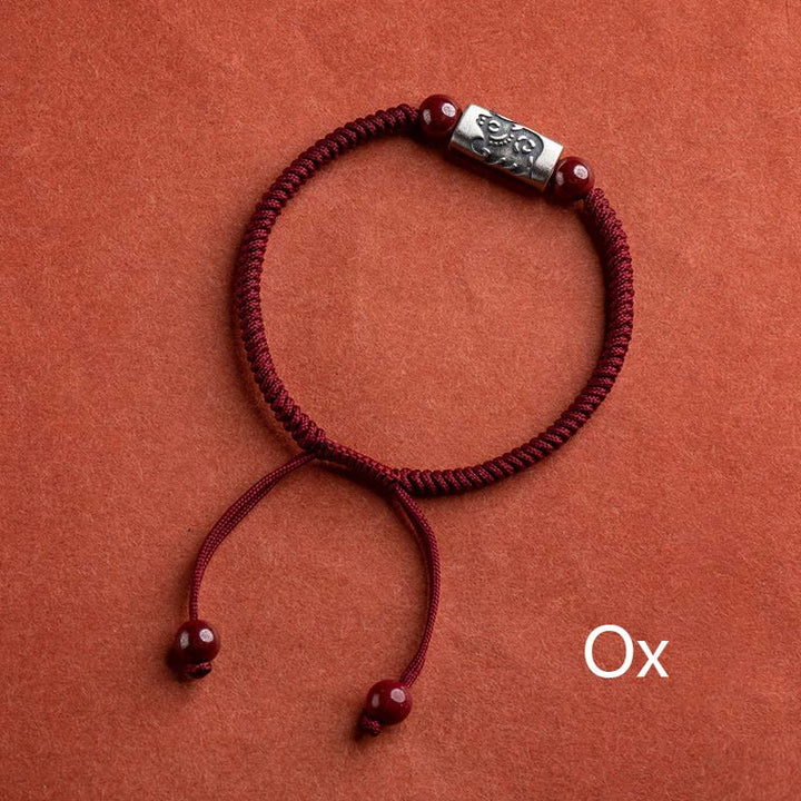 Bracelet en argent Buddha Stones 925 avec 12 signes du zodiaque chinois et cinabre