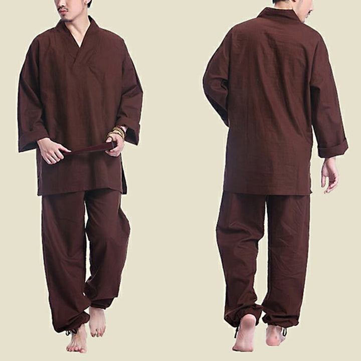 Ensemble de vêtements de yoga pour homme Buddha Stones, méditation, prière, col en V, coton et lin, pratique spirituelle zen - image 2