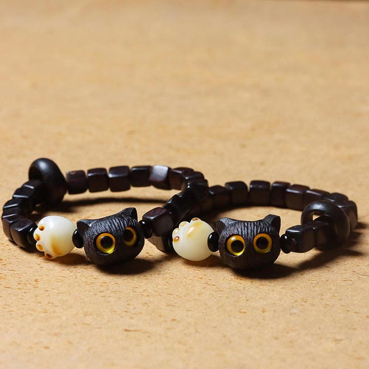 Bracelet calme en perles carrées en bois d'ébène et Buddha Stones en forme de patte de chat mignon - image 4