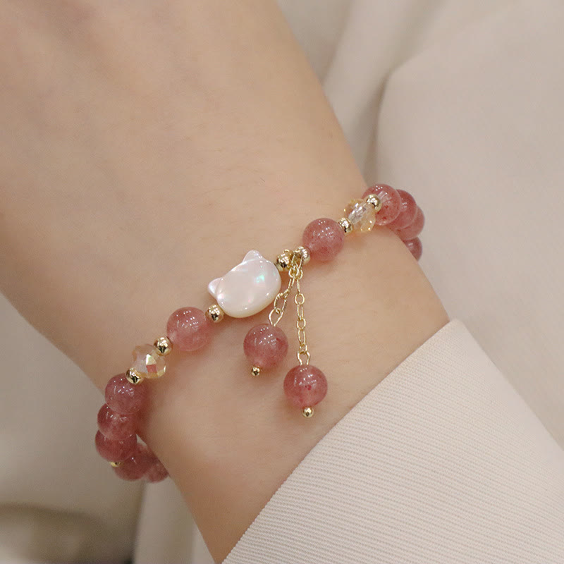Bracelet d'amour de chat en pierre naturelle de quartz fraise et de morganite de Buddha Stones Tridacna - Pierre de quartz fraise Tridacna pour chat (tour de poignet 12-14 cm) - image 1