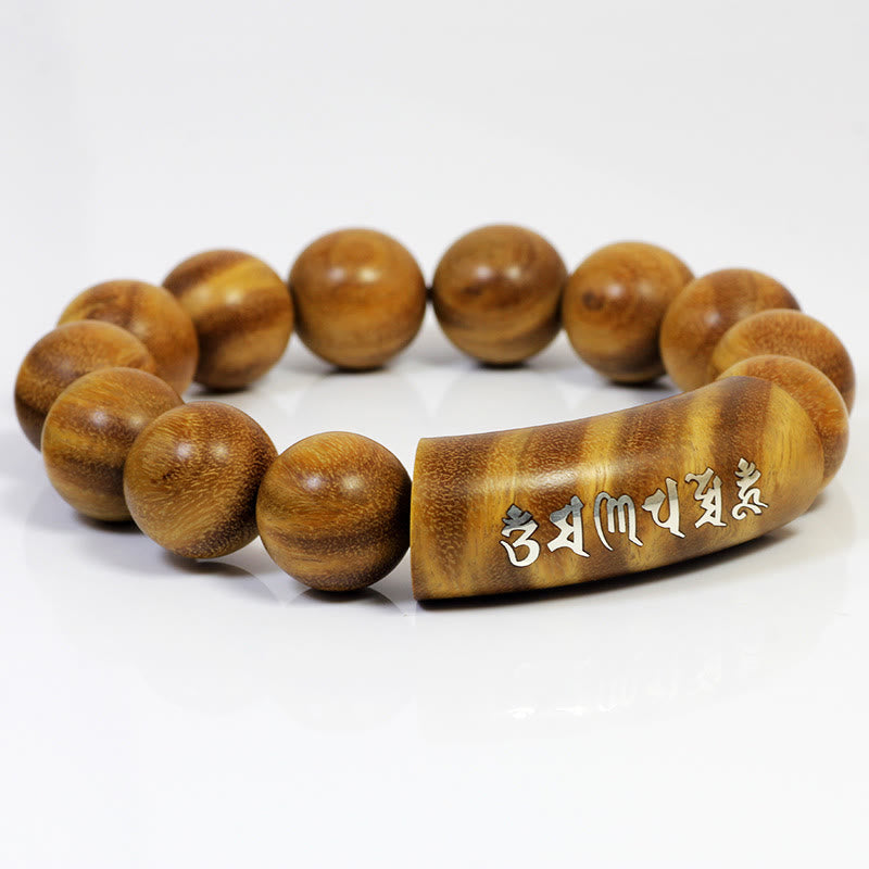 Bracelet de paix incrusté de Buddha Stones en argent sterling 999 et bois de santal vert Om Mani Padme Hum Dragon Phoenix Dharmachakra