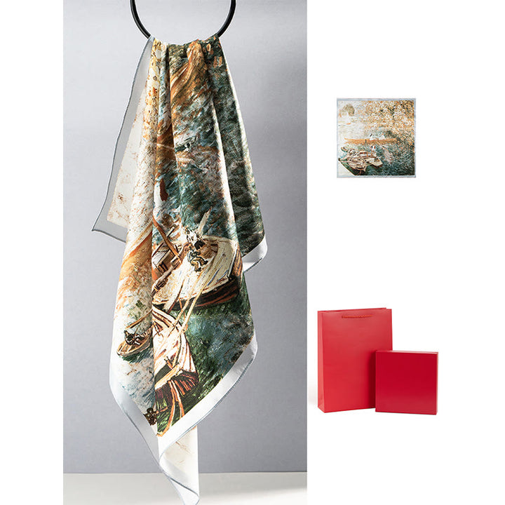 Écharpe en soie de mûrier 100 % peinture à l'huile de la jungle avec Buddha Stones et nuages ​​de bon augure, écharpe de cou en soie double face de qualité supérieure 6A - Peinture à l'huile Monde (Fille et navire) - image 16