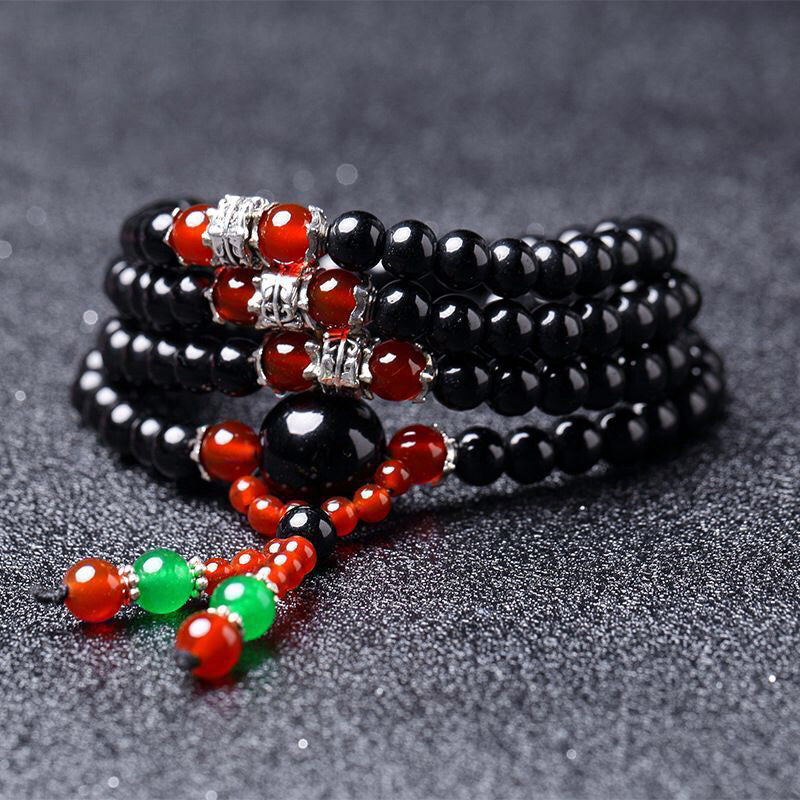 Bracelet Mala 108 perles en obsidienne noire naturelle œil de tigre Buddha Stones
