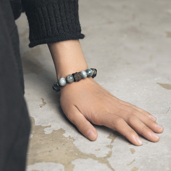 Bracelet de couple en cuivre et bois d'ébène avec pierre œil d'aigle et Buddha Stones
