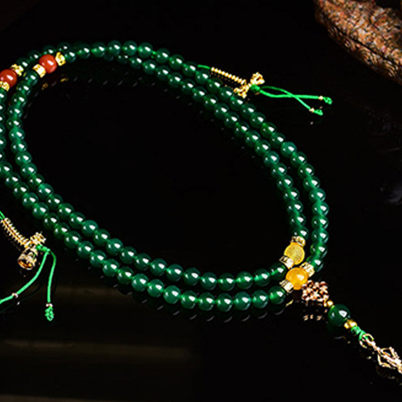 Bracelet Mala de réussite en agate verte naturelle avec 108 perles de Buddha Stones