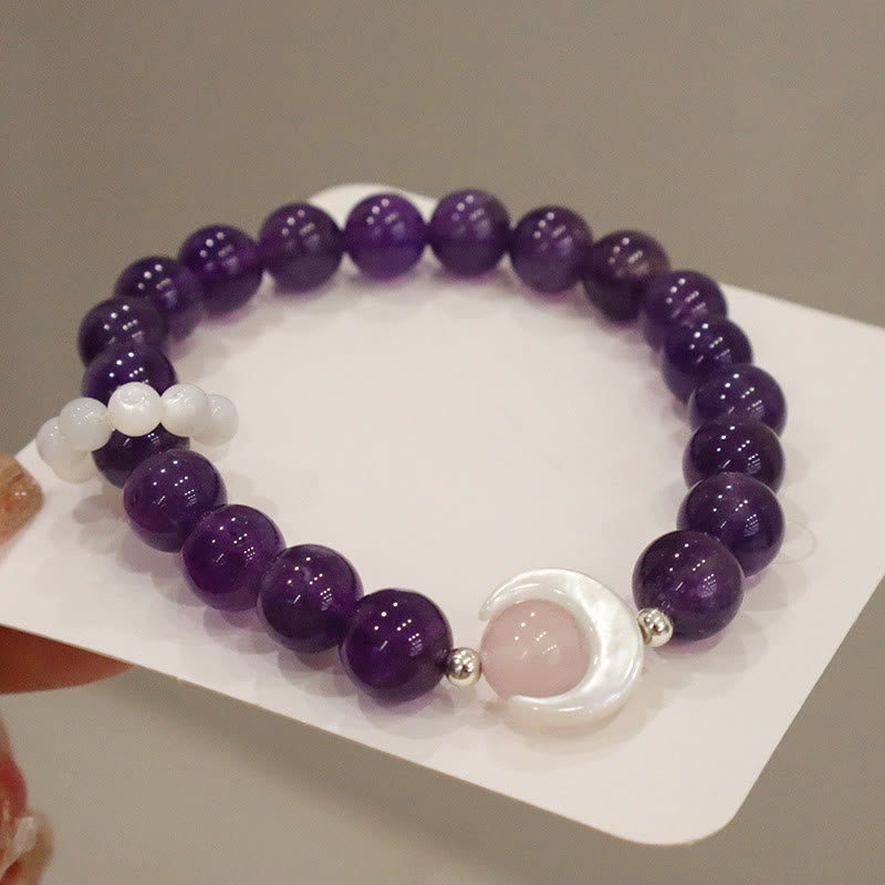 Buddha Stones de guérison en forme de croissant de lune en argent sterling 925 avec améthyste naturelle et aigue-marine en cristal rose œil de chat