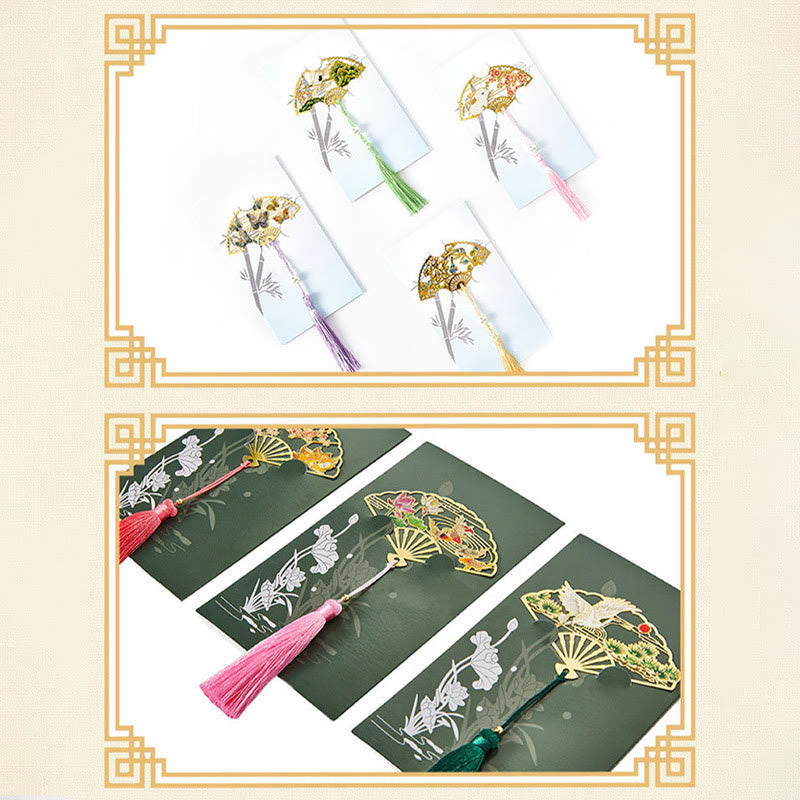 Buddha Stones Traditionnel Papillon Fleur de Lotus Grue Dragon Phénix Renard Poisson Koi Nouveau Départ Métal Laiton Éventail Creux Signets