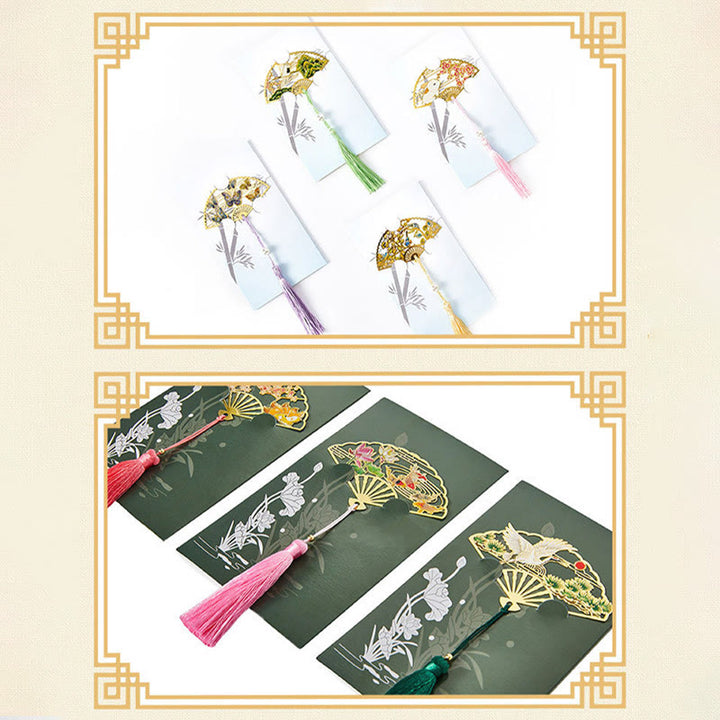 Buddha Stones Traditionnel Papillon Fleur de Lotus Grue Dragon Phénix Renard Poisson Koi Nouveau Départ Métal Laiton Éventail Creux Signets