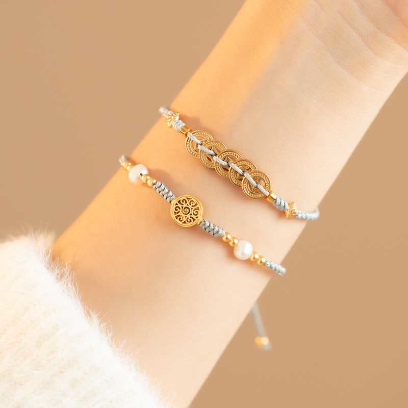 Bracelet tressé en cuivre avec Buddha Stones et pièce de monnaie, arbre de la fortune, chance et force