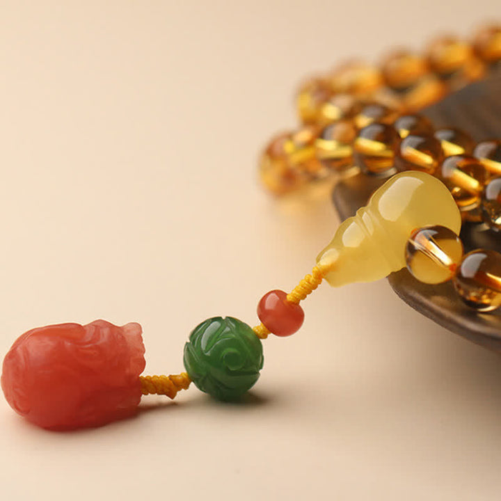 Bracelet à breloques de protection PiXiu en agate rouge avec boucle de paix en ambre et citrine naturelle de 108 perles de Mala - image 25