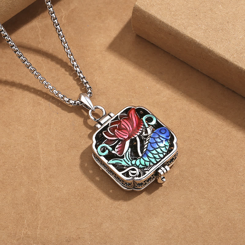 Collier pendentif en forme de boîte de prière avec Buddha Stones, poisson Koi, lotus, pièces de cuivre, Luck Ghau - image 3