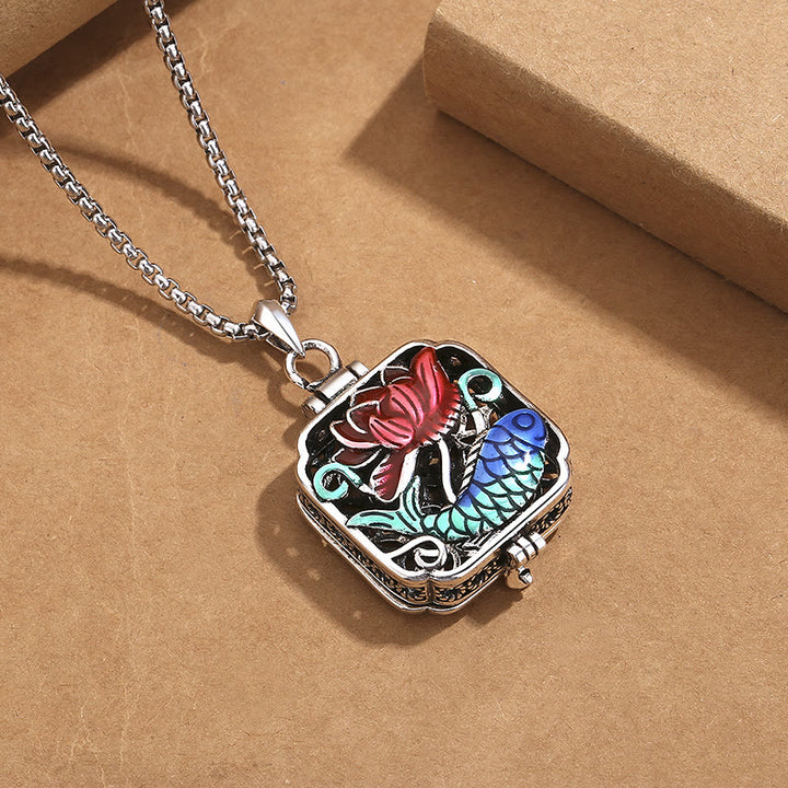 Collier pendentif en forme de boîte de prière avec Buddha Stones, poisson Koi, lotus, pièces de cuivre, Luck Ghau - image 3