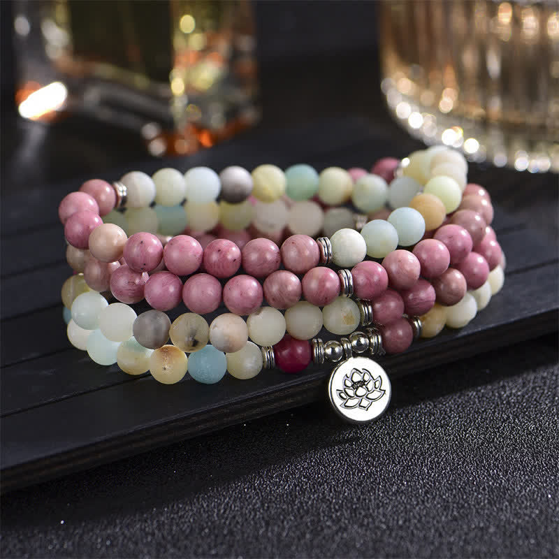 Bracelet de perles de prière positives en Buddha Stones, lazurite, jaspe Picasso, amazonite, rhodonite, apatite