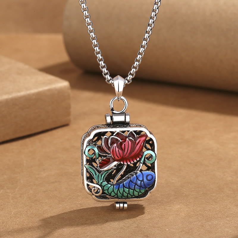 Collier pendentif en forme de boîte de prière avec Buddha Stones, poisson Koi, lotus, pièces de cuivre, Luck Ghau - image 2