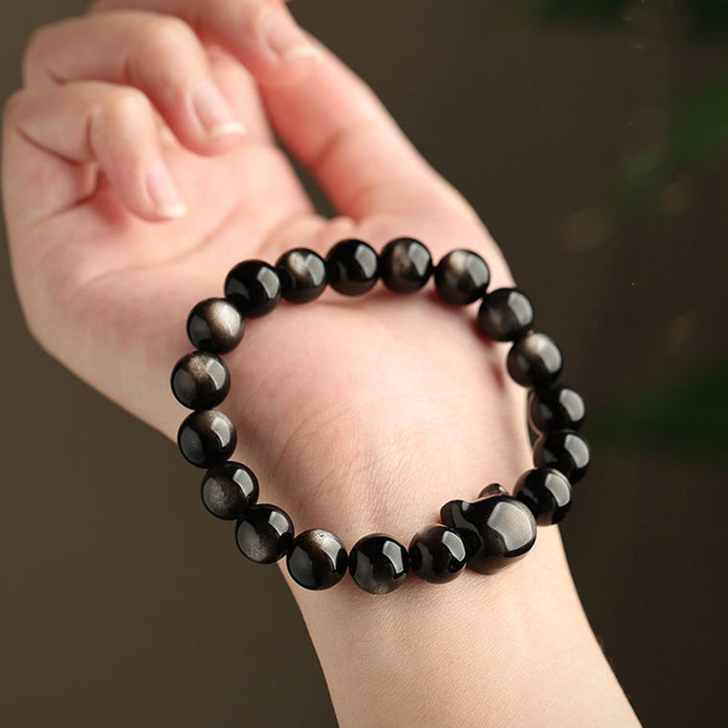 Bracelet de protection porte-bonheur en obsidienne dorée et argentée avec Buddha Stones et jolie patte de chat porte-bonheur - image 16