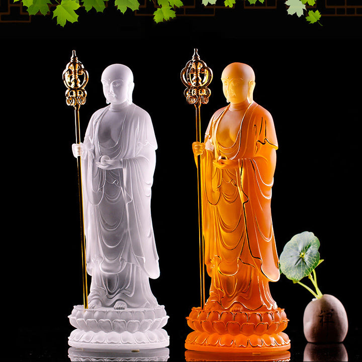 Buddha Stones faites à la main Ksitigarbha Bodhisattva Figurine Liuli Cristal Pièce d'art Statue de sérénité Décoration de la maison