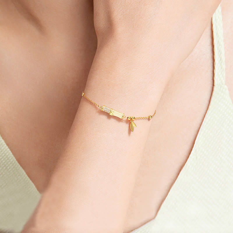 Bracelet porte - bonheur en argent sterling 925 plaqué or 18 carats avec jade blanc et bambou et zircon
