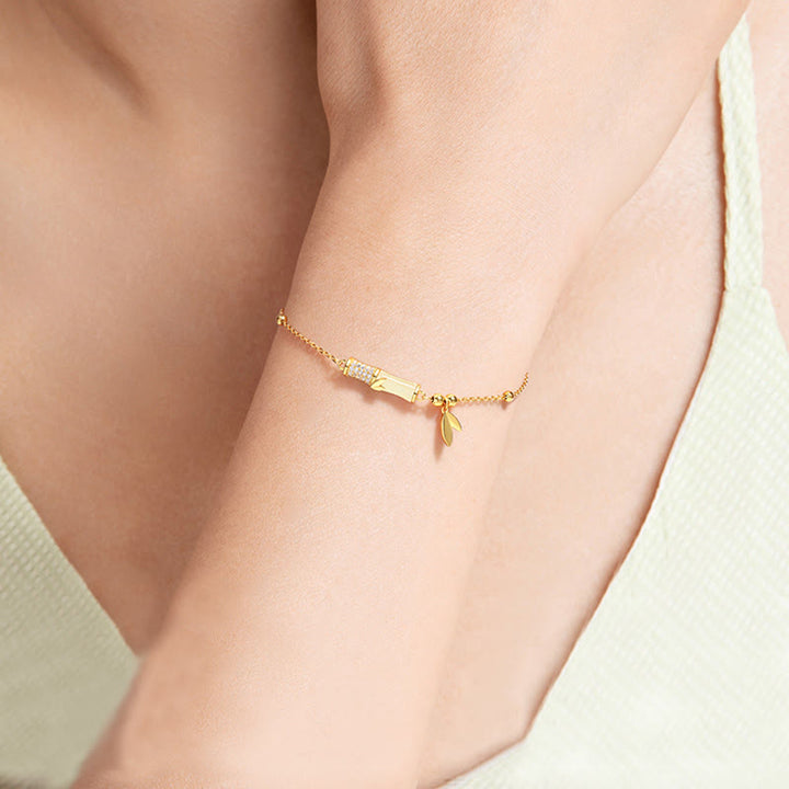 Bracelet porte - bonheur en argent sterling 925 plaqué or 18 carats avec jade blanc et bambou et zircon