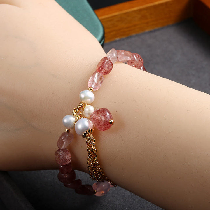 Bracelet de guérison d'amour plaqué or 14 carats avec perles de quartz fraise naturelles