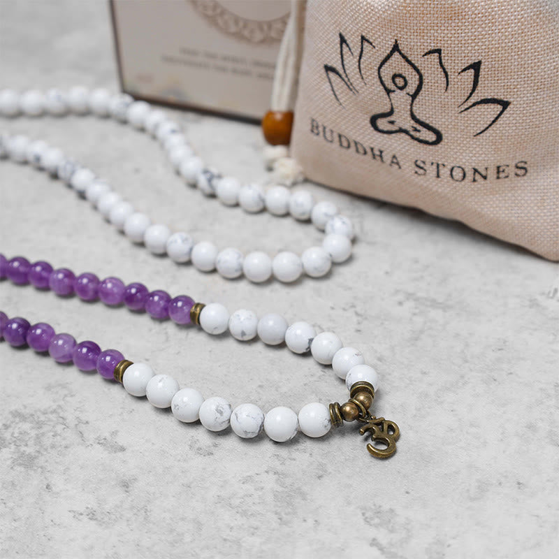 Bracelet Mala 108 Buddha Stones en améthyste blanche turquoise OM guérison énergie méditation