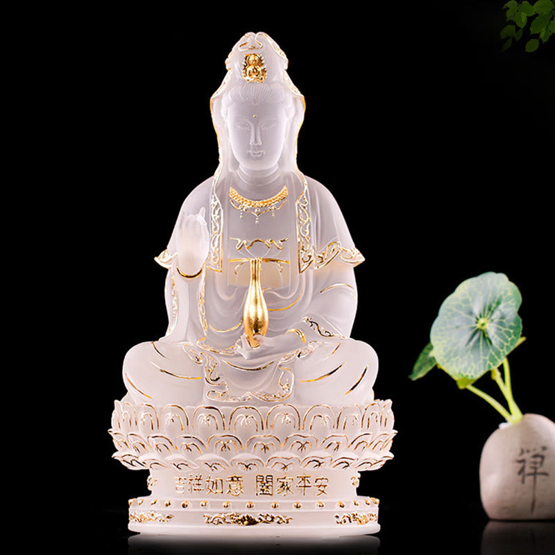 Buddha Stones Kwan Yin Avalokitesvara Figurine faite à la main Pièce d'art en cristal Liuli Statue de richesse Décoration d'offrande pour la maison - 23 cm Blanc et Or - image 0
