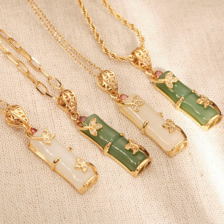 Collier pendentif protection chanceuse en bambou et jade blanc et jade cyan Buddha Stones