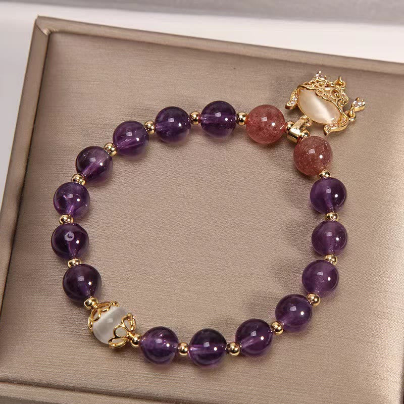 Bracelet de guérison à breloques en forme de cadenas chinois en améthyste naturelle et quartz fraise œil de chat - image 2