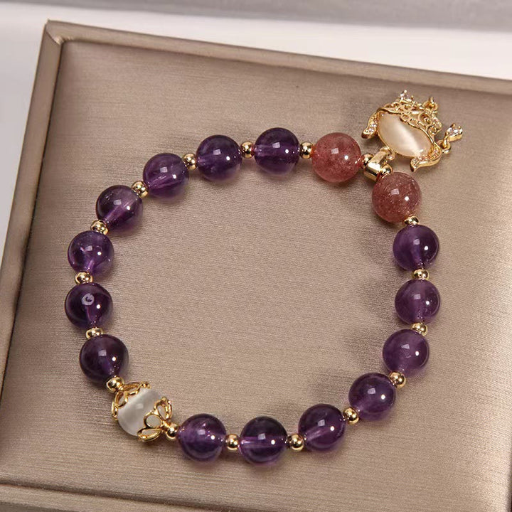 Bracelet de guérison à breloques en forme de cadenas chinois en améthyste naturelle et quartz fraise œil de chat - image 2