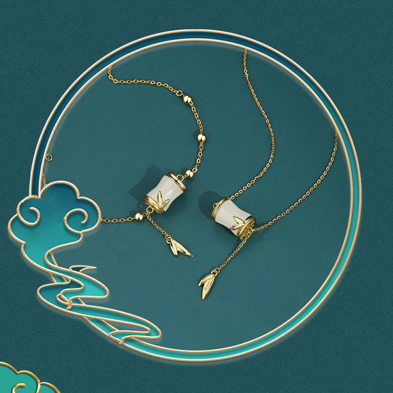 Collier pendentif porte-bonheur en feuille de bambou en jade blanc Hetian en argent sterling 925 et or 22 carats avec Buddha Stones