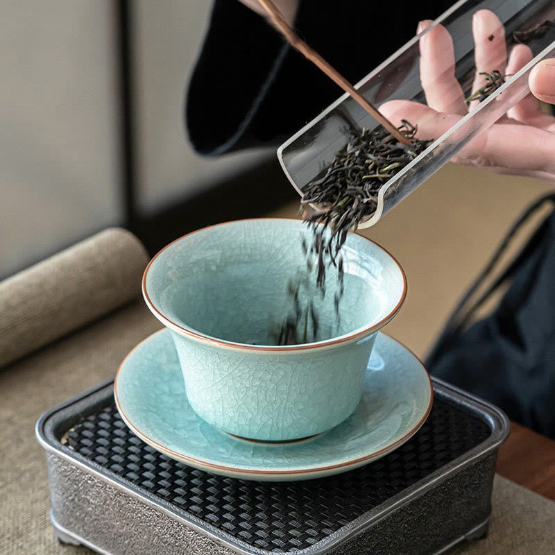 Tasse à thé et soucoupe en céramique avec couvercle en forme de Buddha Stones, style rétro, vert glacé, Gaiwan, Sancai