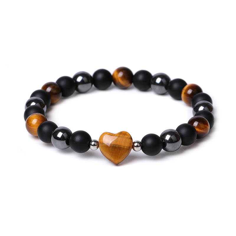 Bracelet de protection en forme de cœur Buddha Stones pierre d'onyx noir et œil de tigre en cristal