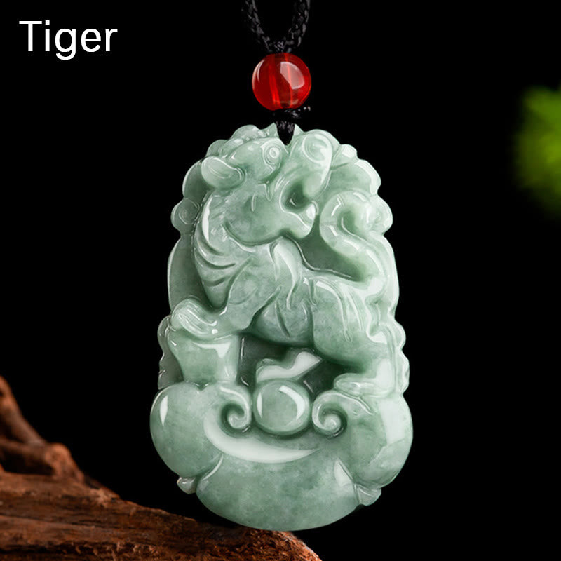Collier pendentif en jade vert naturel avec Buddha Stones et 12 signes du zodiaque chinois