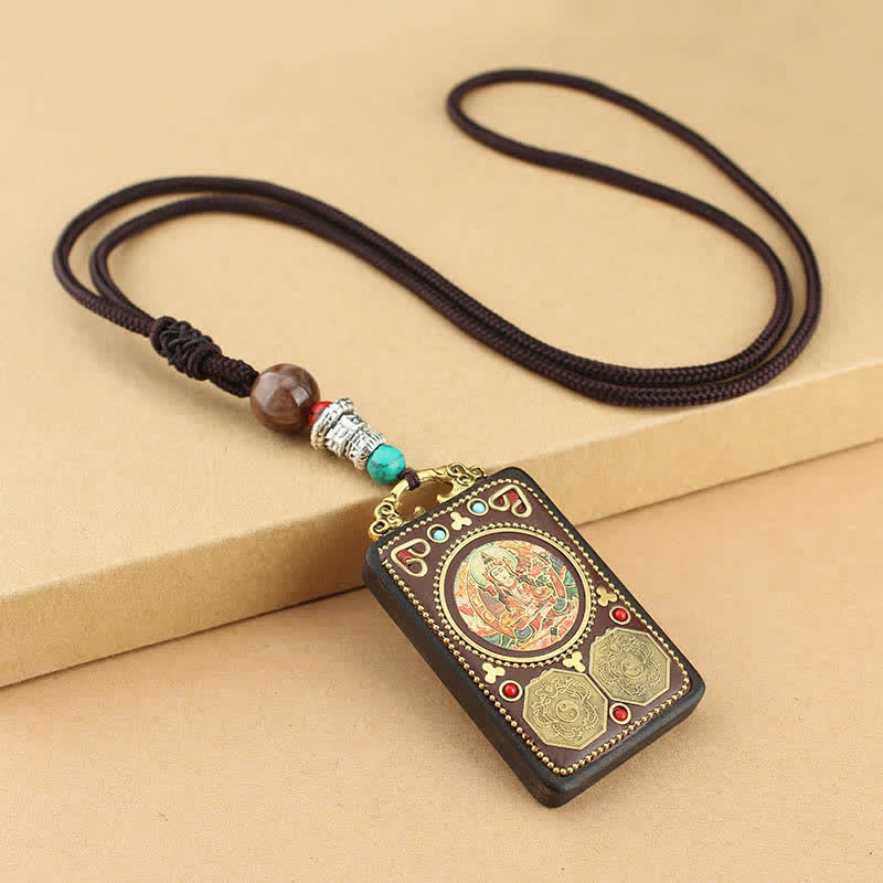 Collier pendentif en ébène Thangka Buddha Stones Tibet Dieu de la richesse