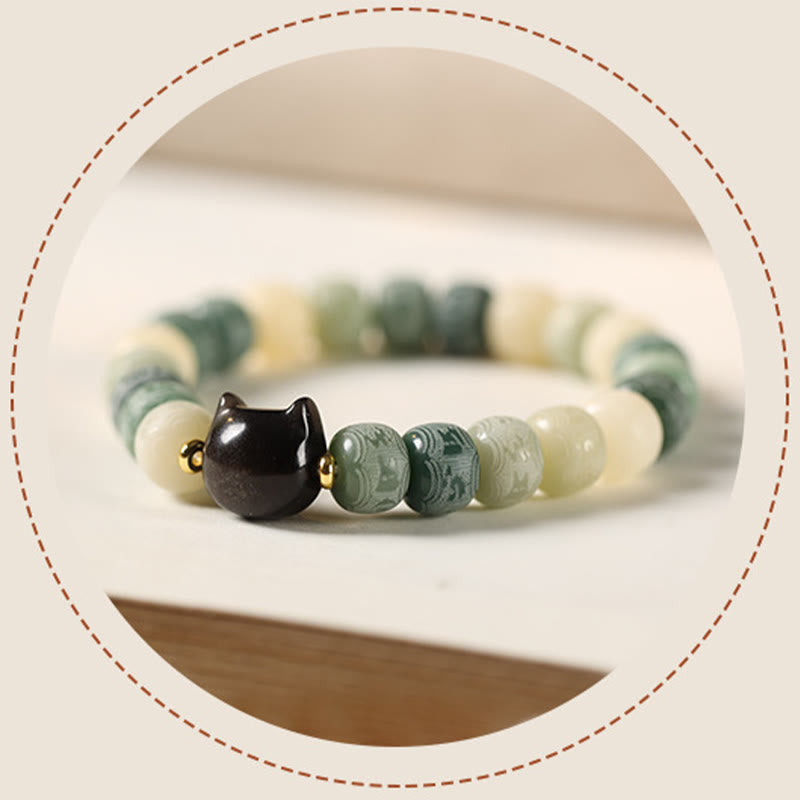 Bracelet d'harmonie gravé en obsidienne argentée Buddha Stones de Bodhi et pierres de Bouddha Tête de chat Om Mani Padme Hum - image 13