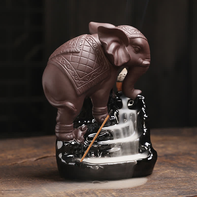Fontaine à fumée à reflux en argile violette en forme d'éléphant tibétain, brûleur d'encens de guérison de la paix, décoration