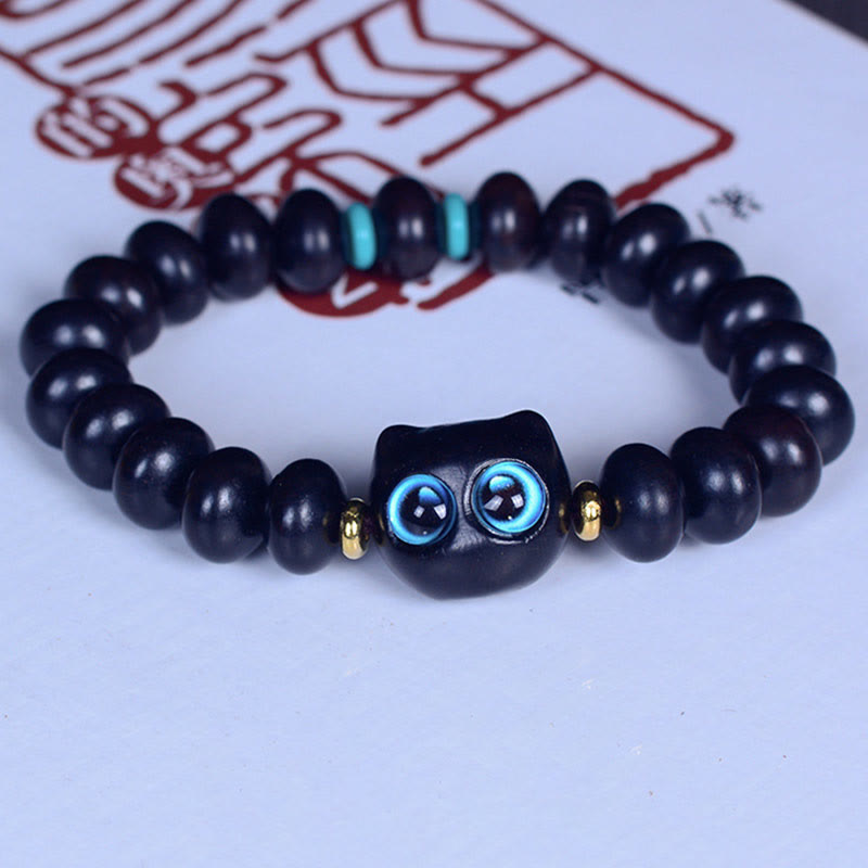 Bracelet Buddha Stones Bois d'ébène Verre Liuli Joli Chat Paix Équilibre - image 2