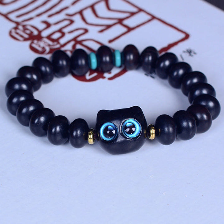 Bracelet Buddha Stones Bois d'ébène Verre Liuli Joli Chat Paix Équilibre - image 2