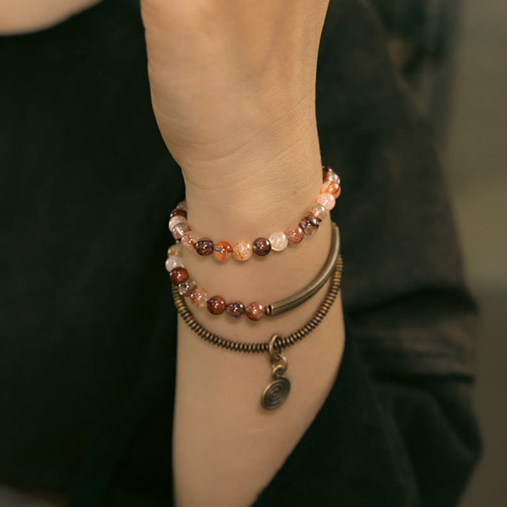 Bracelet en cuivre Love Forgive Buddha Stones quartz hématoïde rouge fantôme violet et quartz rutile vert