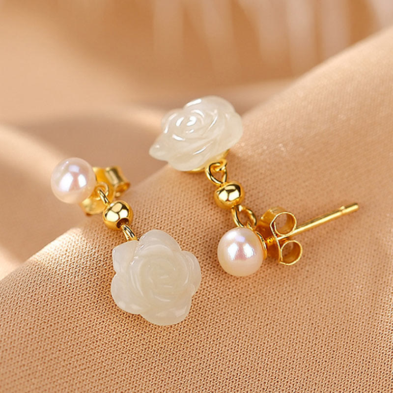 Buddha Stones d'oreilles porte-bonheur en argent sterling 925 plaqué or et jade rose avec perles de jade cyan