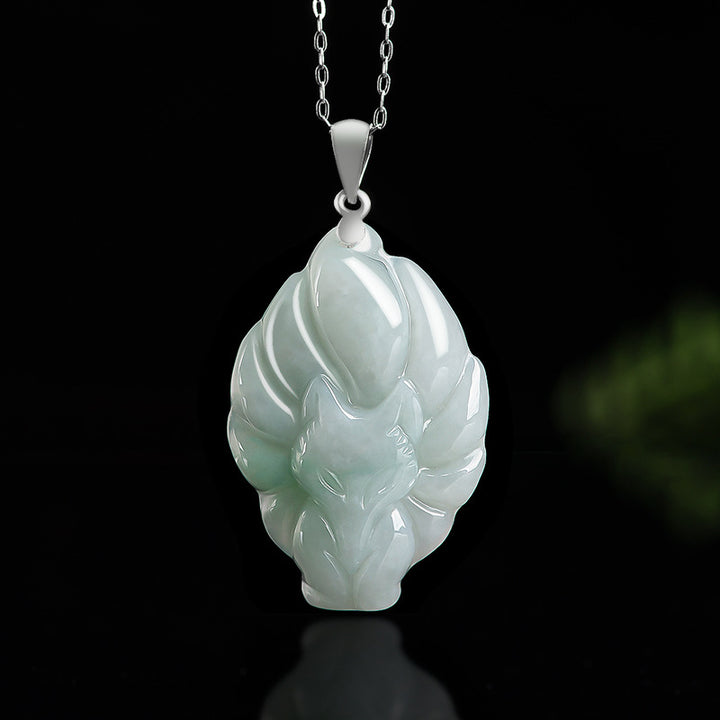 Collier pendentif de prospérité en jade naturel à neuf queues en argent sterling 925 Buddha Stones