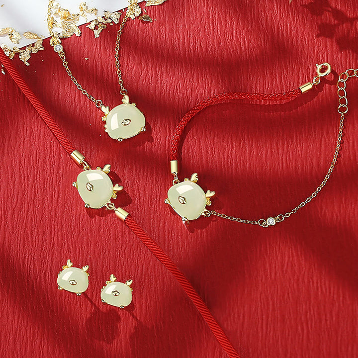 Buddha Stones en argent sterling 925 Année du dragon Jade Hetian naturel Agate rouge Bracelet de protection du dragon mignon Collier Pendentif Boucles d'oreilles