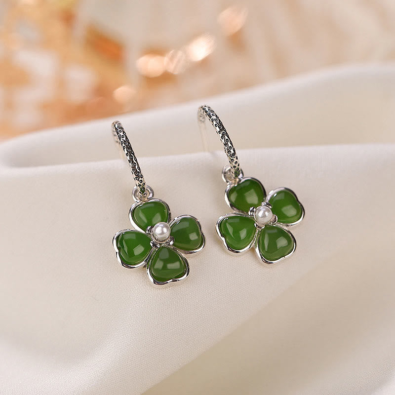 Boucles d'oreilles trèfle à quatre feuilles en argent sterling 925 et jade cyan naturel avec pierres de Buddha Stones